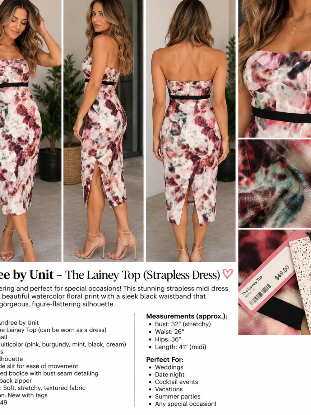 Anthropologie ~ANDREE BY UNIT Strapless Midi Dress - Pink Burgundy Black Floral